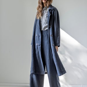 Double-breasted linen trench coat, heavy linen coat with pockets, long linen jacket for women MIST image 3