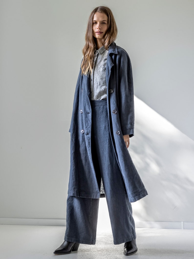 Double-breasted linen trench coat, heavy linen coat with pockets, long linen jacket for women MIST image 3