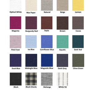 May include: A color chart of medium-weight linen fabrics, with swatches in various colors. Colors include Optical White, Lemon, Magenta, Ice Blue, Dusk Blue, Black, and more. The text "Medium weight linen (160-180 g/m&sup2;)" is at the top.