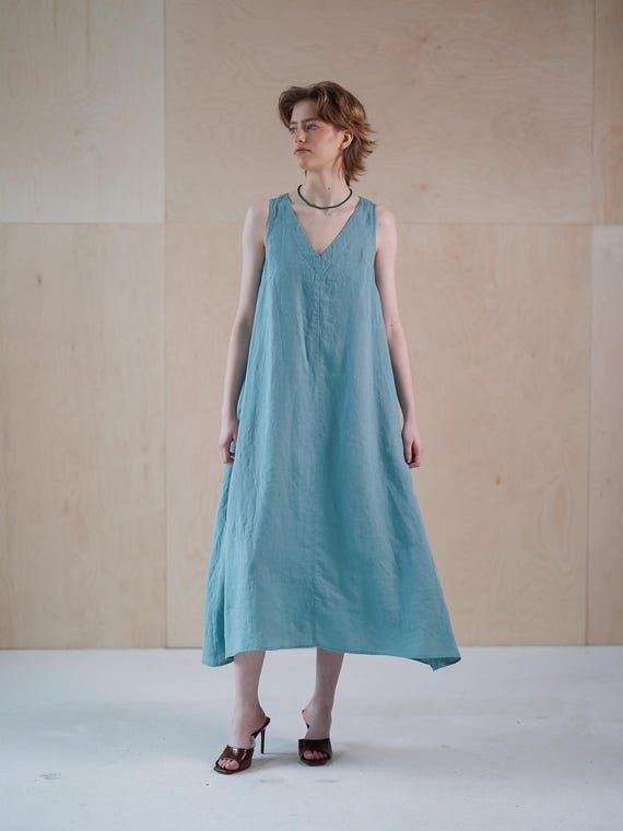 Size: S. Ready-to-ship Linen maxi dress, extra flowy linen kaftan dress with pockets and belt MAGNUM