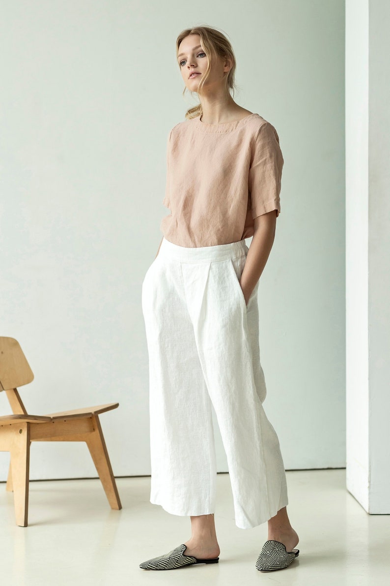 Wide-leg heavy-linen palazzo pants, linen culottes with pockets, cropped linen trousers, pleated linen trousers LIME image 5