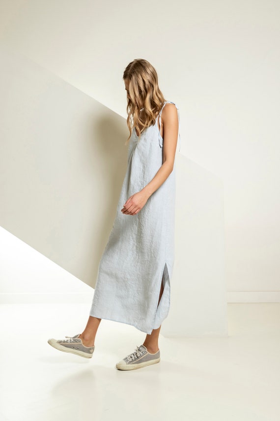 Linen Midi Dress With Elastic Waist, Loose Fit Linen Dress With Crew Neck  and Drop Shoulders, A Line Linen Dress, Simple Linen Dress FORTUNE 