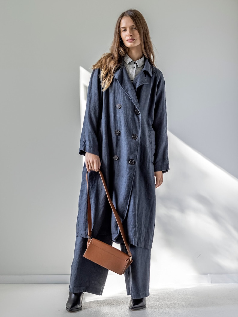 Double-breasted linen trench coat, heavy linen coat with pockets, long linen jacket for women MIST image 1