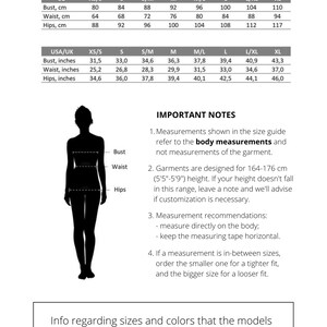 May include: Sizing chart for clothing with measurements in inches and centimeters. The chart shows bust, waist, and hip measurements for sizes XS/S through XL. Important notes about measurements are listed below the chart.
