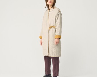 未使用品　rehellinen　linen wool long jacket Quilted Linen Jacket, Long Padded Coat With Pockets, Warm