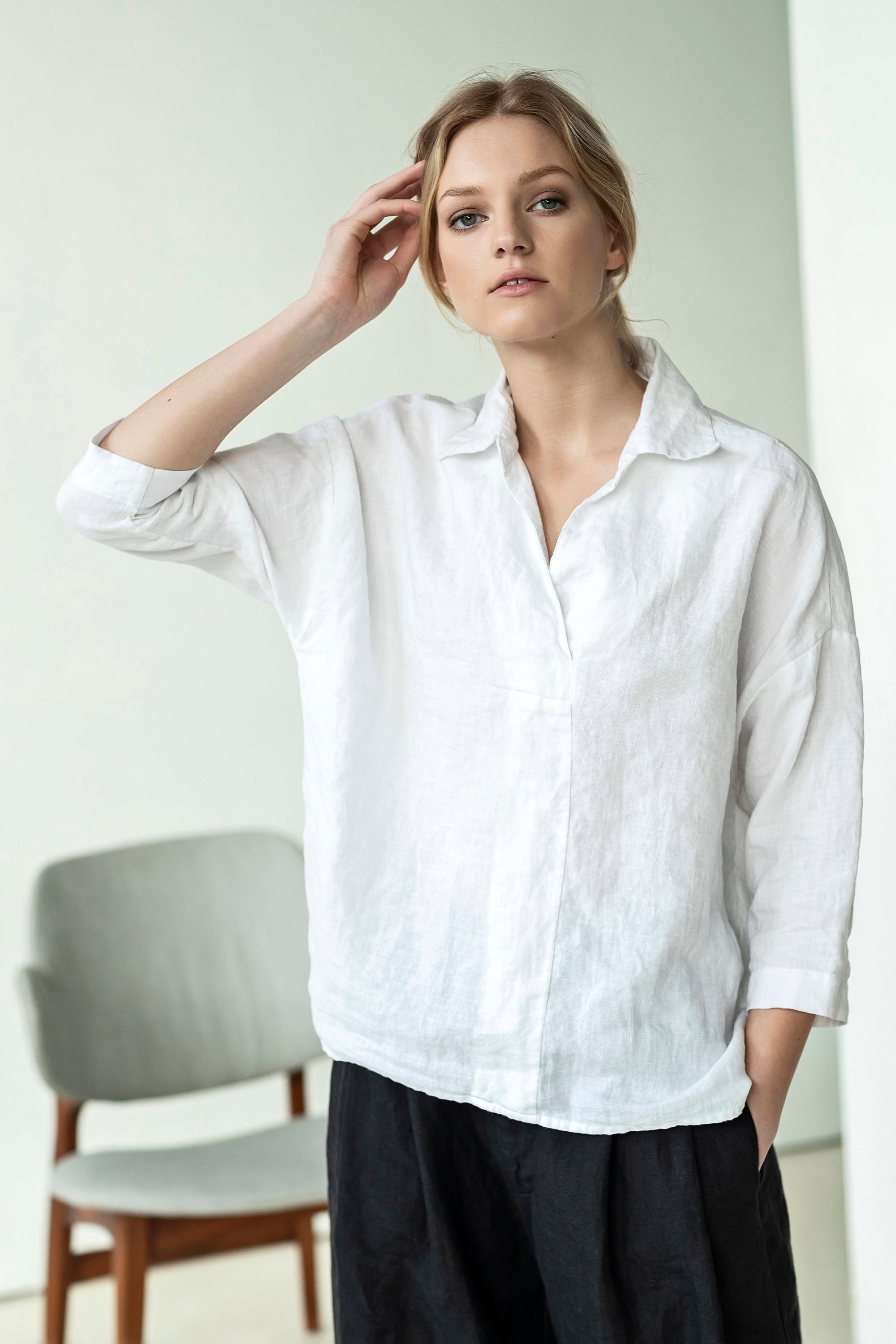 White Linen Blouse for Women Button ...