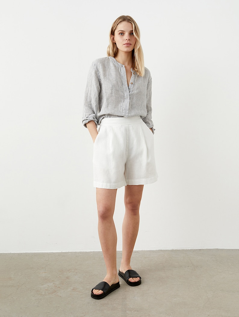 Pleated linen shorts for women, high rise shorts with pockets, elastic back bermuda shorts WALK image 4