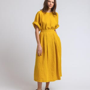 Flared yellow linen skirt, pleated linen skirt with pockets, high waist linen skirt, A-line linen skirt with elastic waist, long skirt ADRIA