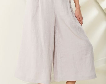 Wide leg linen culottes, high waisted pants with pockets, linen flare trousers with elastic waist, boho pants women, palazzo trousers LUNA