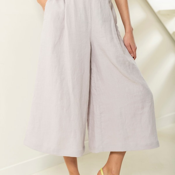 Leinen-Culottes mit weitem Bein, hoch taillierte Hose mit Taschen, Schlaghose aus Leinen mit elastischem Bund, Boho-Hose für Damen, Palazzo-Hose LUNA