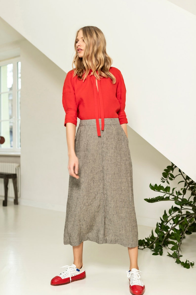 Linen midi skirt with pockets, A line skirt, long linen skirt, apron skirt, high waist skirt OPUS image 8