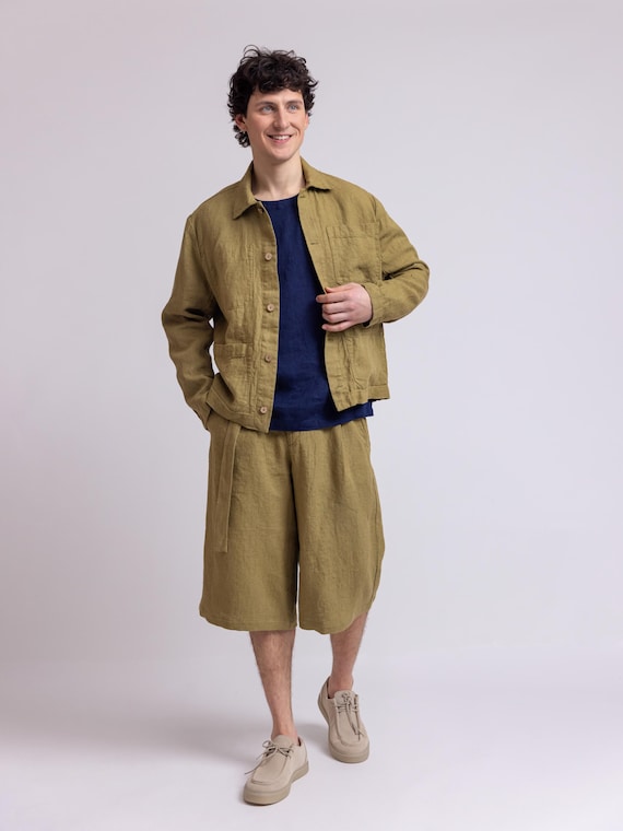 Sobrecamisa de linho com bolsos de remendo, blusa de linho