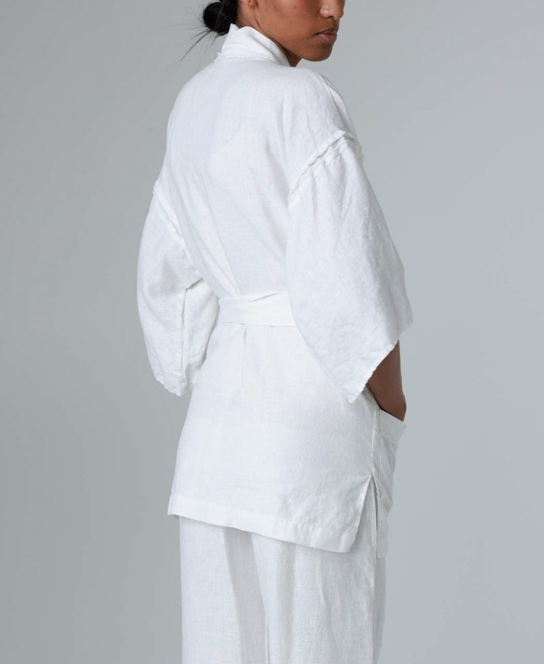 Linen kimono jacket with raw-edge details, linen jacket for women with kimono sleeves FUDO image 4