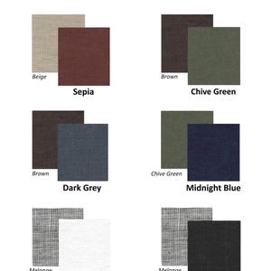 May include: Image displaying medium-weight linen fabric swatches in a range of colours. The swatches include Beige, Sepia, Dark Grey, Midnight Blue, Optical White, and Black. The text indicates a weight of 160-180 g/m&sup2; and custom colour options.