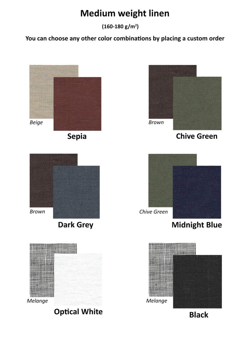 May include: Image displaying medium-weight linen fabric swatches in a range of colours. The swatches include Beige, Sepia, Dark Grey, Midnight Blue, Optical White, and Black. The text indicates a weight of 160-180 g/m&sup2; and custom colour options.