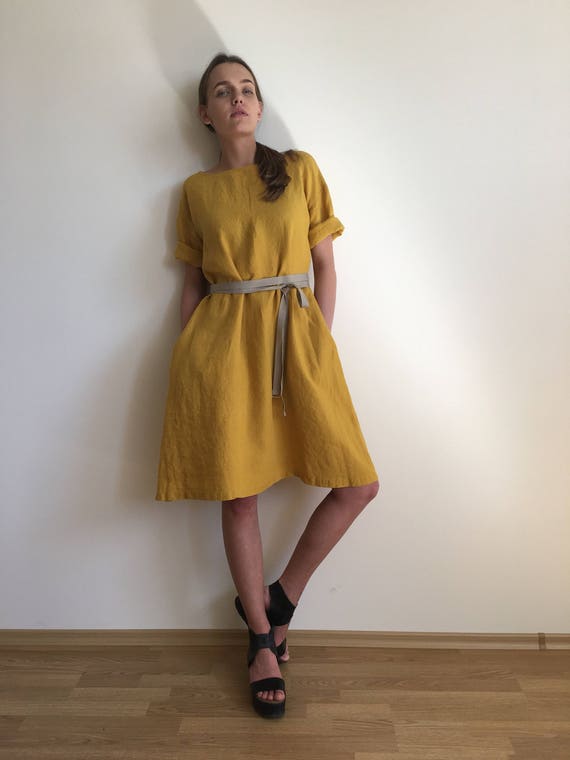 Yellow midi dress from natural linen plus size dress midi | Etsy