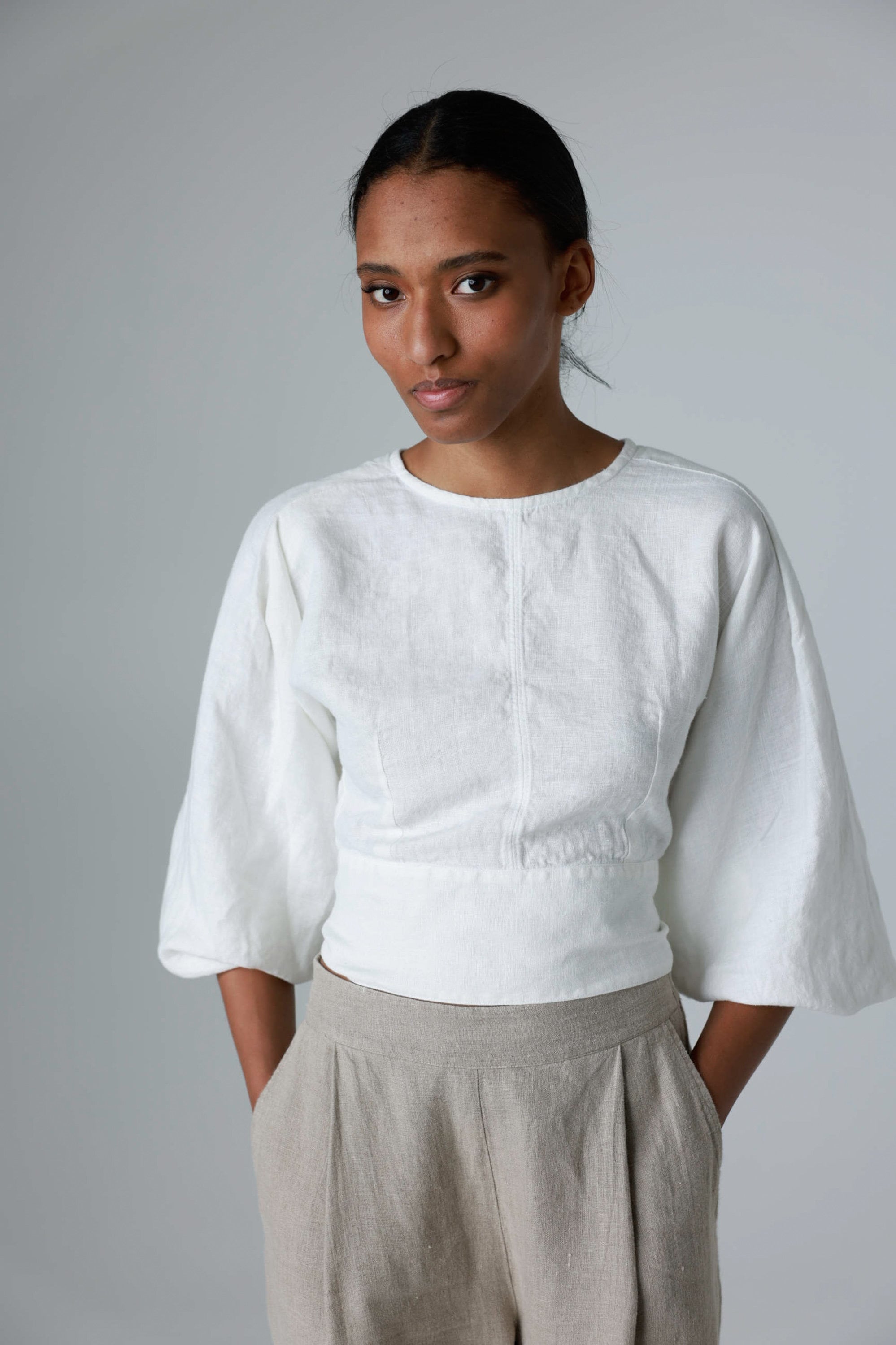 Balloon Sleeve Linen Blouse With Open Back, Linen Crop Top for
