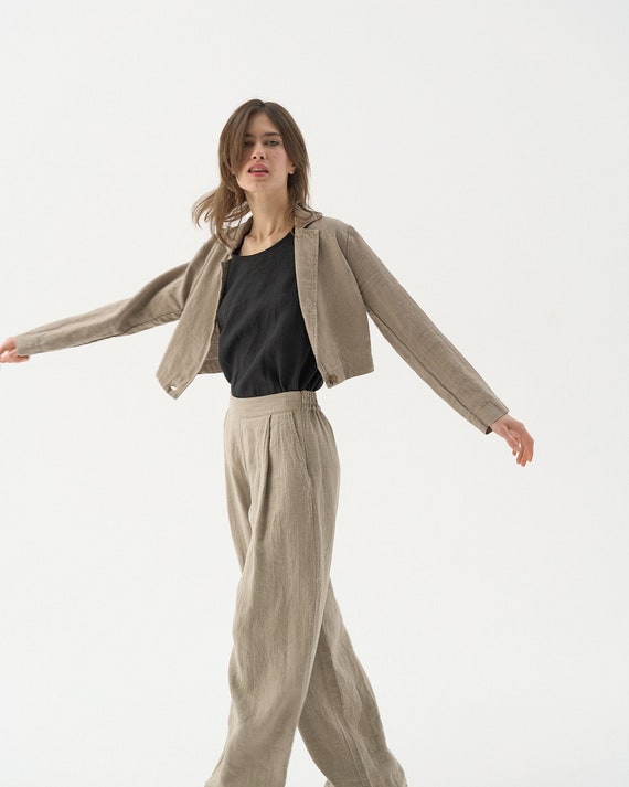 Crop Linen Jacket With Lapel Collar, Short Linen Cardigan Crop Linen Jacket With Lapel Collar, Short Linen Cardigan