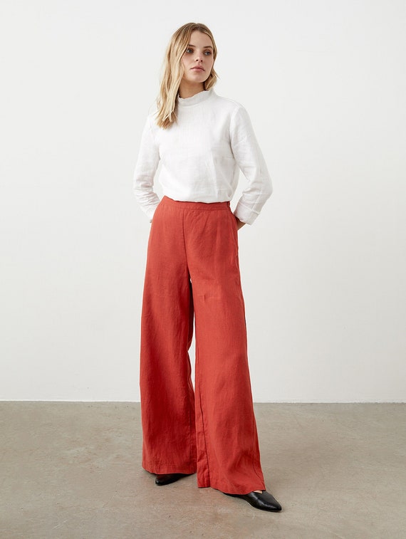 Wide Leg Linen Pants, High Waisted Trousers, Flared Palazzo Pants