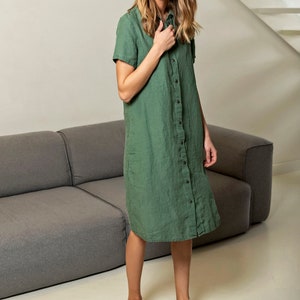 Linen shirtdress with short sleeves, A-line linen summer dress with classic collar, linen midi shirt dress with belt, casual linen dress EVA image 2