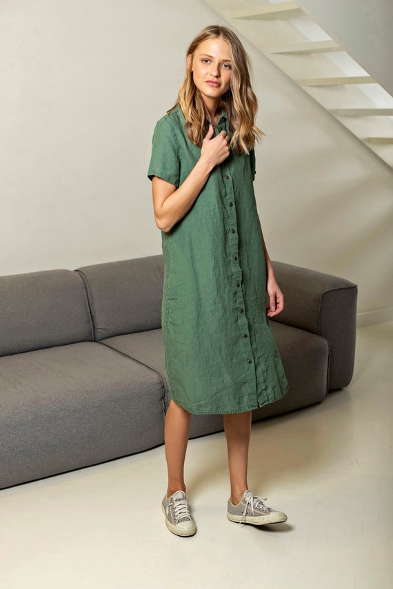 Green linen shirt dress hotsell