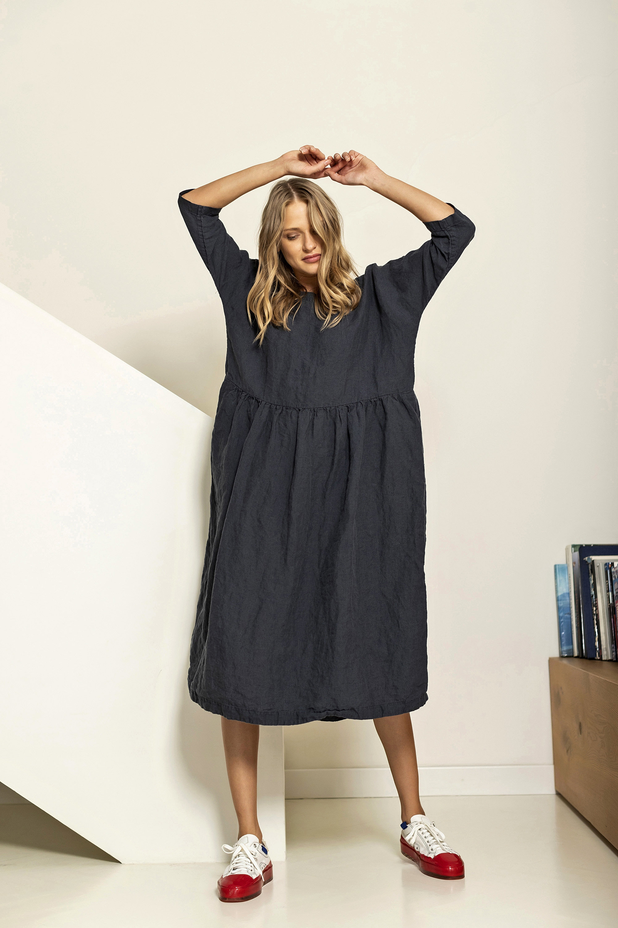 Ruffled linen dress, A line midi dress with pockets, oversize linen dress, gathered linen dress, plus size dress, linen tunic dress SIEMPRE