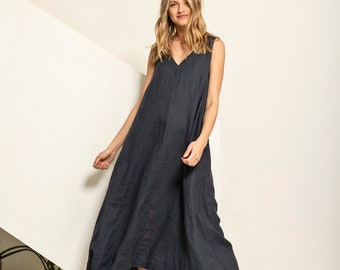 Linen maxi dress, extra flowy linen kaftan dress with pockets and belt MAGNUM