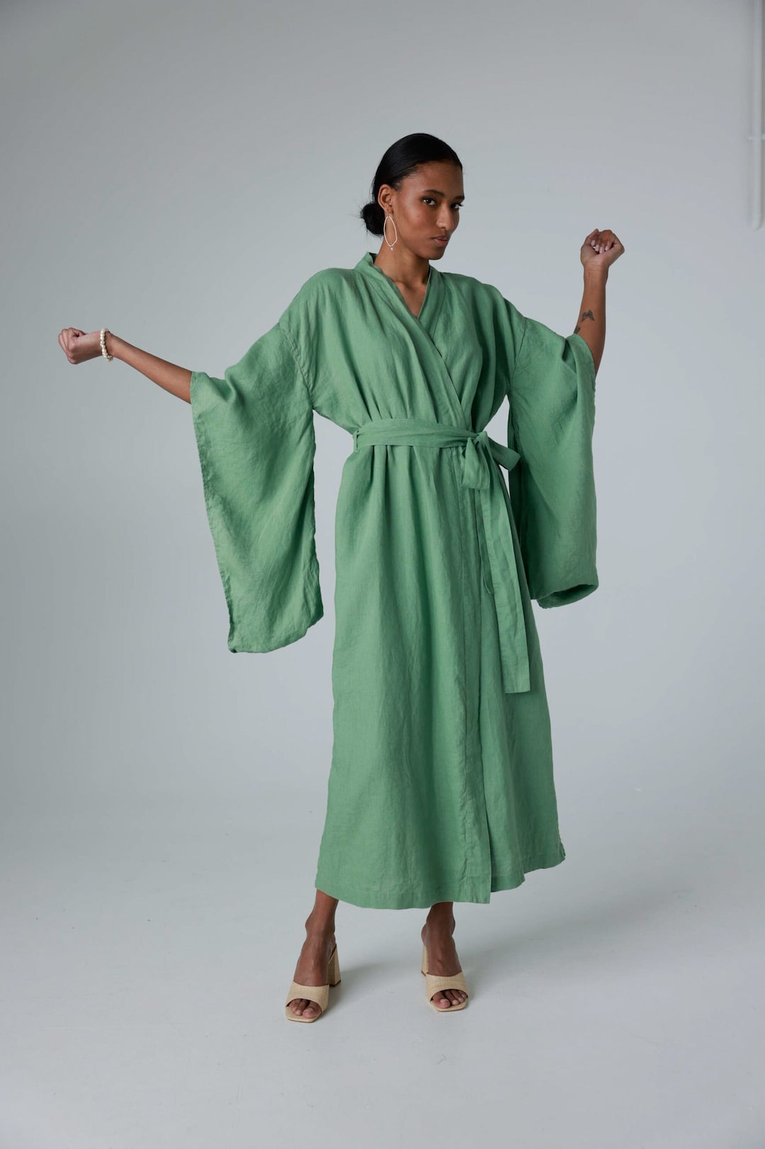 Linen Wrap Dress With Full Kimono Sleeves, Linen Kimono Dress With