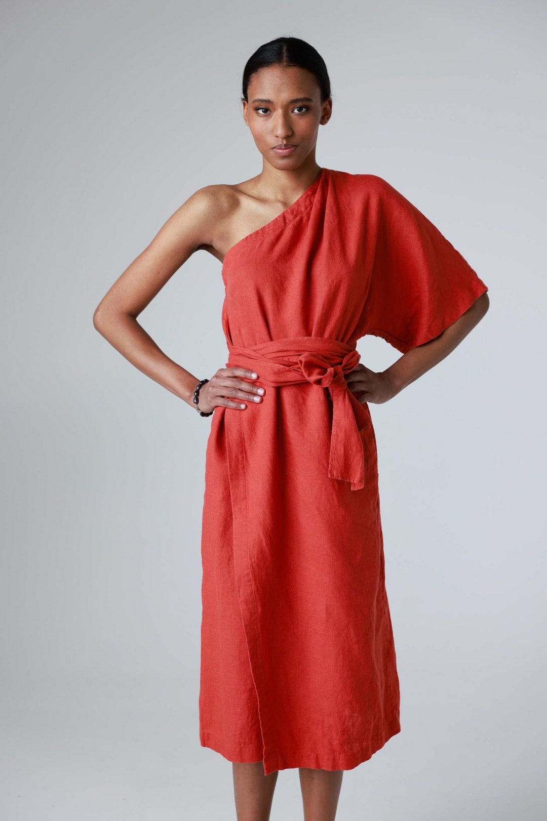 Off Shoulder Linen Dress, Linen Wrap Dress, One Shoulder Linen