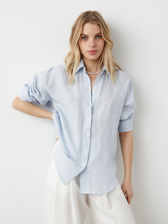 Loose Linen Shirt With Wide Cuffs, Oversize Linen Shirt, Buttoned