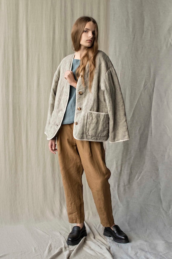 Quilted Jacket With Pockets Heavy Linen Jacket Women -  Israel