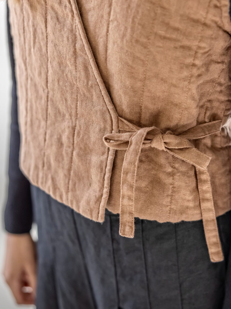 Quilted linen vest, padded linen vest for women, reversible wrap linen waistcoat ACORN image 3