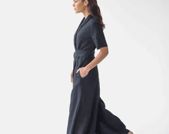 Linnen jumpsuit voor dames, linnen wikkelplaysuit, avondjumpsuit, romper met diepe V-hals met wikkelriem, zijzakken en ritssluiting ORCHESTRA