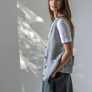 Buttoned linen vest for women, oversized linen waistcoat, relaxed vest with pockets BIRCH image 8