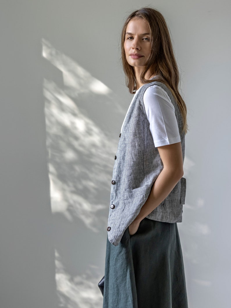 Buttoned linen vest for women, oversized linen waistcoat, relaxed vest with pockets BIRCH image 8