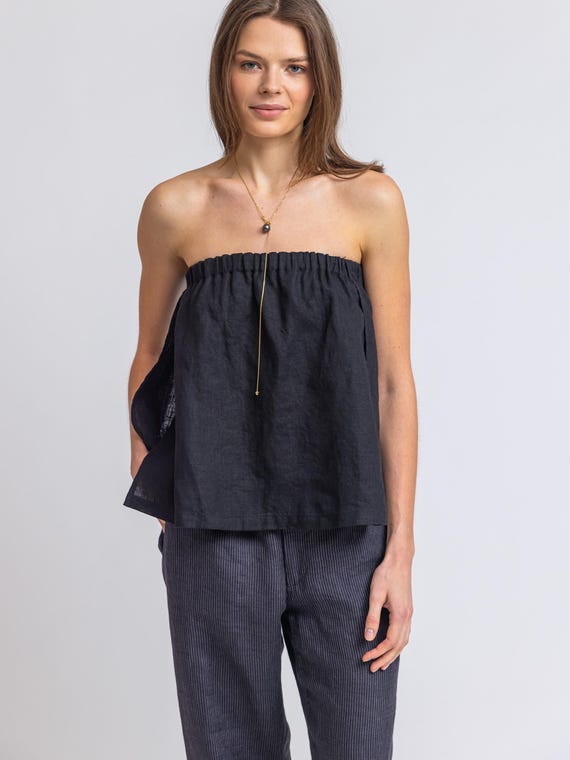 Off-shoulder linen top, summer linen top, fashionable blouse, vacation top, strapless linen top, minimalist linen blouse EVENING