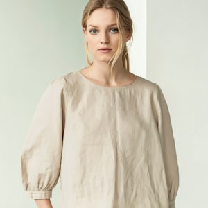 Size: M Ready to ship, Balloon sleeve linen blouse, puffy sleeve linen top, loose-fit women blouse, linen shirt women POET image 4