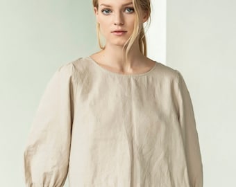 注目ショップ Balloon Sleeve Linen Blouse, Puffy Sleeve Linen Top, Linen Clothing