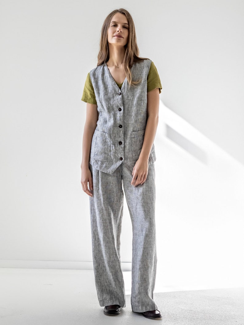 Buttoned linen vest for women, oversized linen waistcoat, relaxed vest with pockets BIRCH image 2
