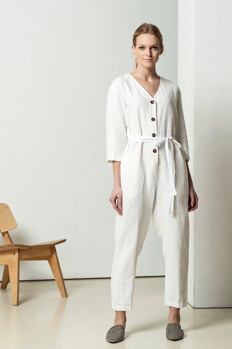 white linen jumpsuit long sleeve