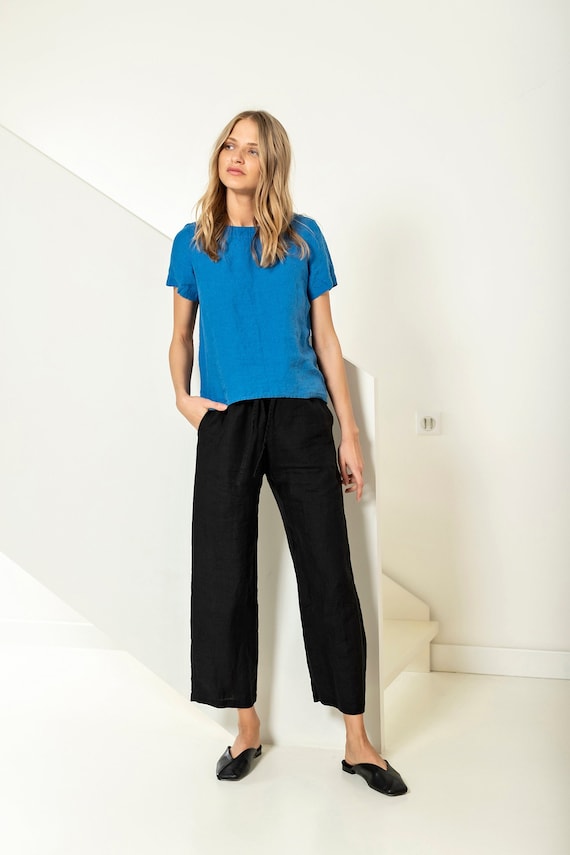 Buy Cropped Linen Trousers, Drawstring Linen Pants, Mid-waist Trousers,  Linen Pants for Women, Ankle Length Linen Trousers, Casual Pants EASE  Online in India 