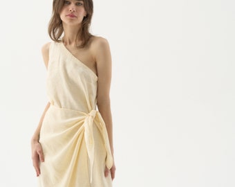 Off shoulder linen wrap dress, one shoulder dress with wrap skirt, linen maxi dress GODDESS