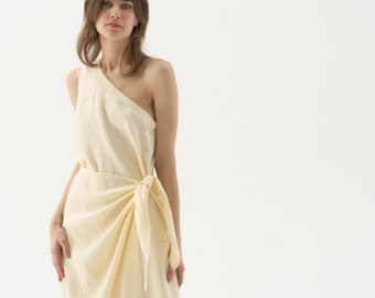 Robe portefeuille en lin à épaules dénudées, robe asymétrique avec jupe portefeuille, robe longue en lin GODDESS