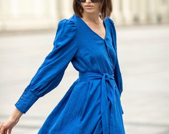 A-line linen dress with puffy sleeves, linen flared dress with belt, linen buttoned dress, linen maxi dress, V-neck linen dress CANNES