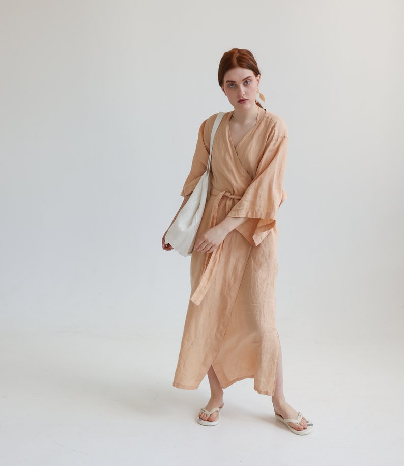 Linen dress coat with kimono sleeves, linen kimono robe for women, beach cover up NOON image 4