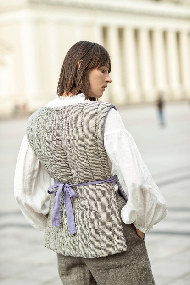 Quilted vest for women, reversible linen vest, tie side vest, padded utility vest LINA image 8