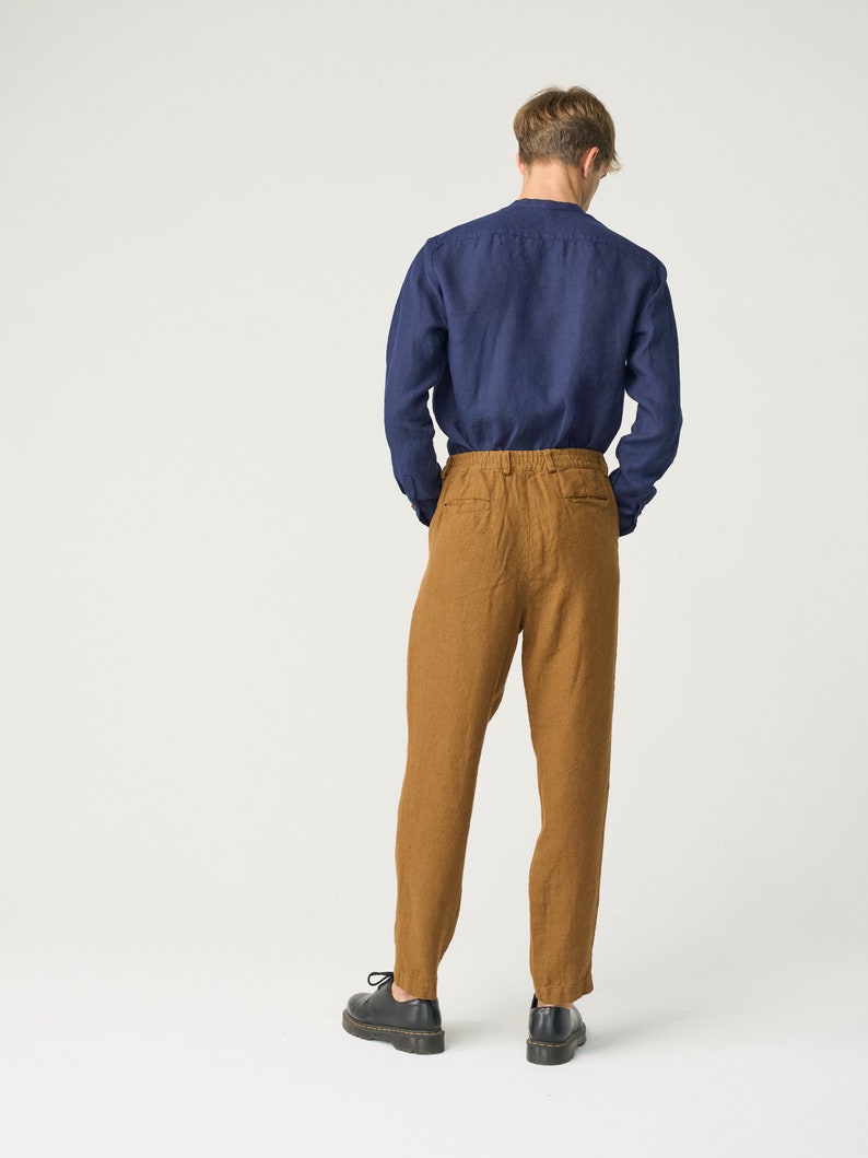 Tapered linen pants for men with zipper and elastic back, pleated heavy linen trousers NIKO zdjęcie 2