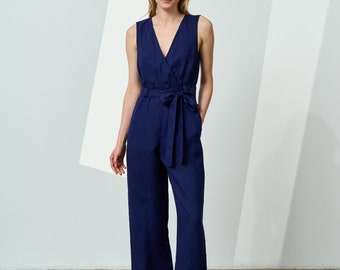 Mono cruzado de lino, mono de pierna ancha con bolsillos, mono casual, mono de lino sin mangas, mono maxi de lino, mono de lino para mujer NELI
