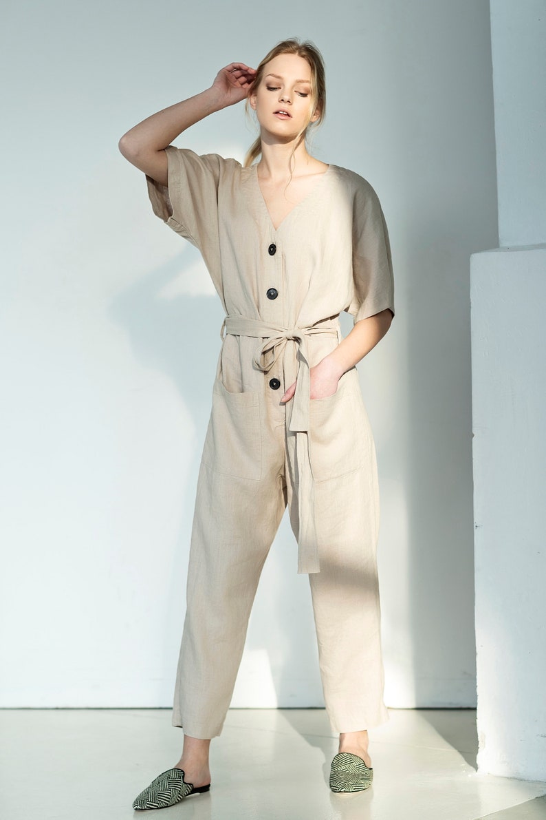 beige linen jumpsuit