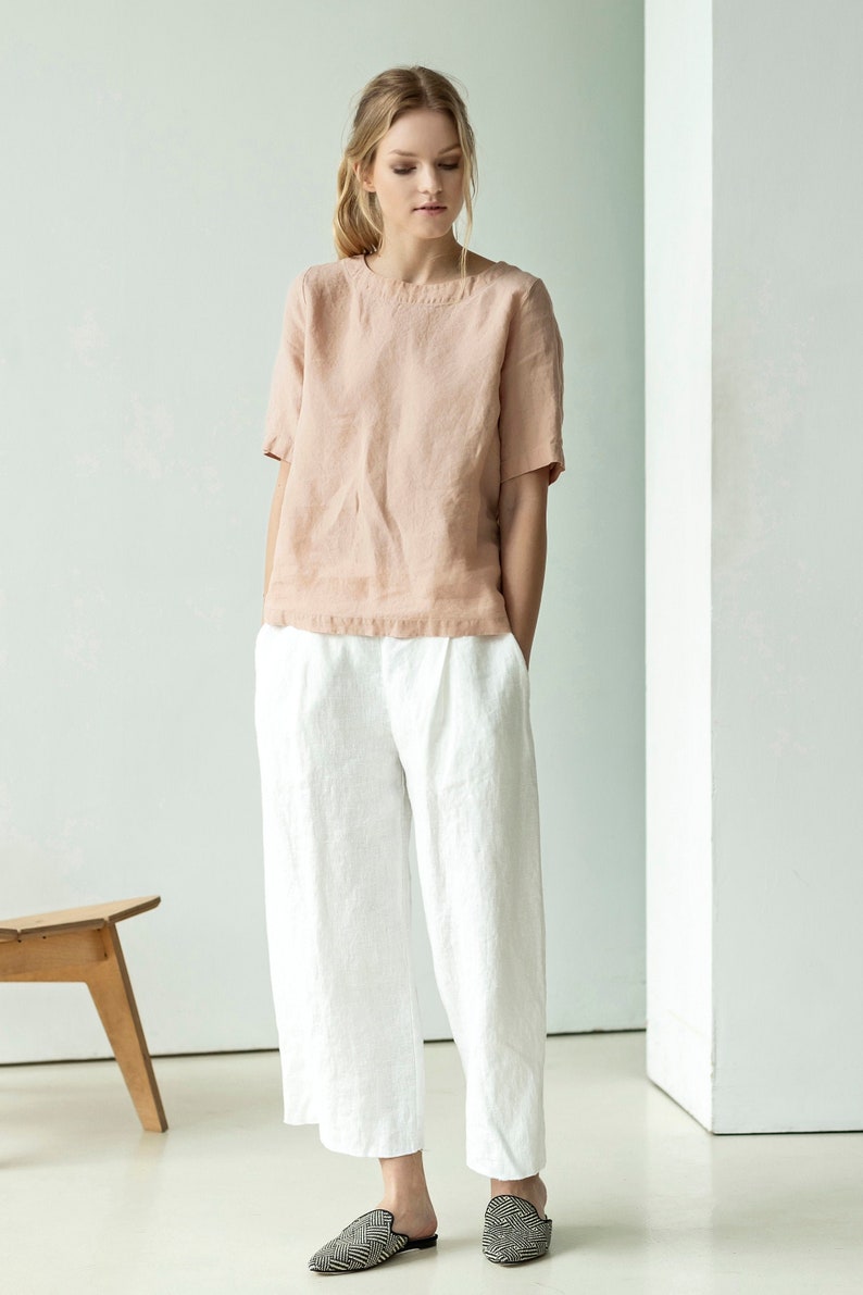 Wide-leg heavy-linen palazzo pants, linen culottes with pockets, cropped linen trousers, pleated linen trousers LIME image 6